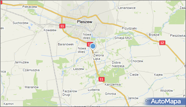 mapa Zielona Łąka, Zielona Łąka gmina Pleszew na mapie Targeo